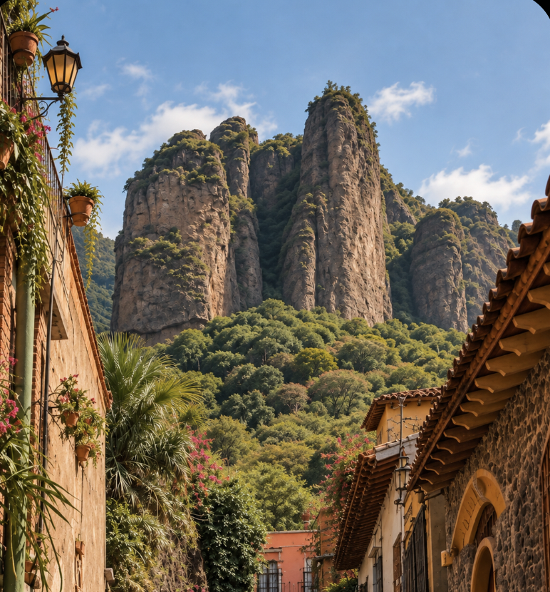 Street and mountain scenery in Tepoztlán